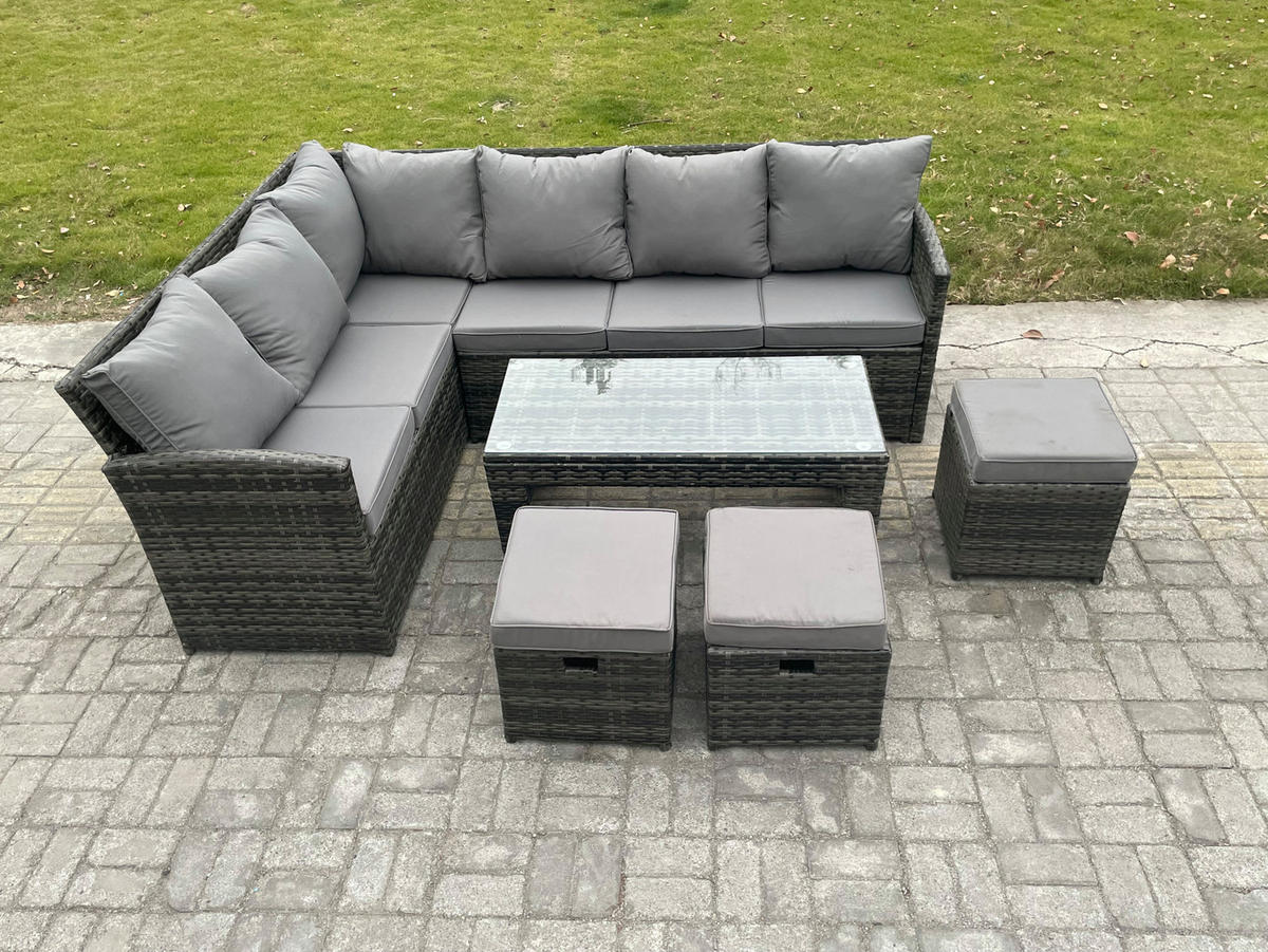 SITZGRUPPE mit Ecksofa,Länglicher Couchtisch,3 Hocker Polyrattan 9-Sitzer - Dunkelgrau/Grau, Glas/Kunststoff - Fimous