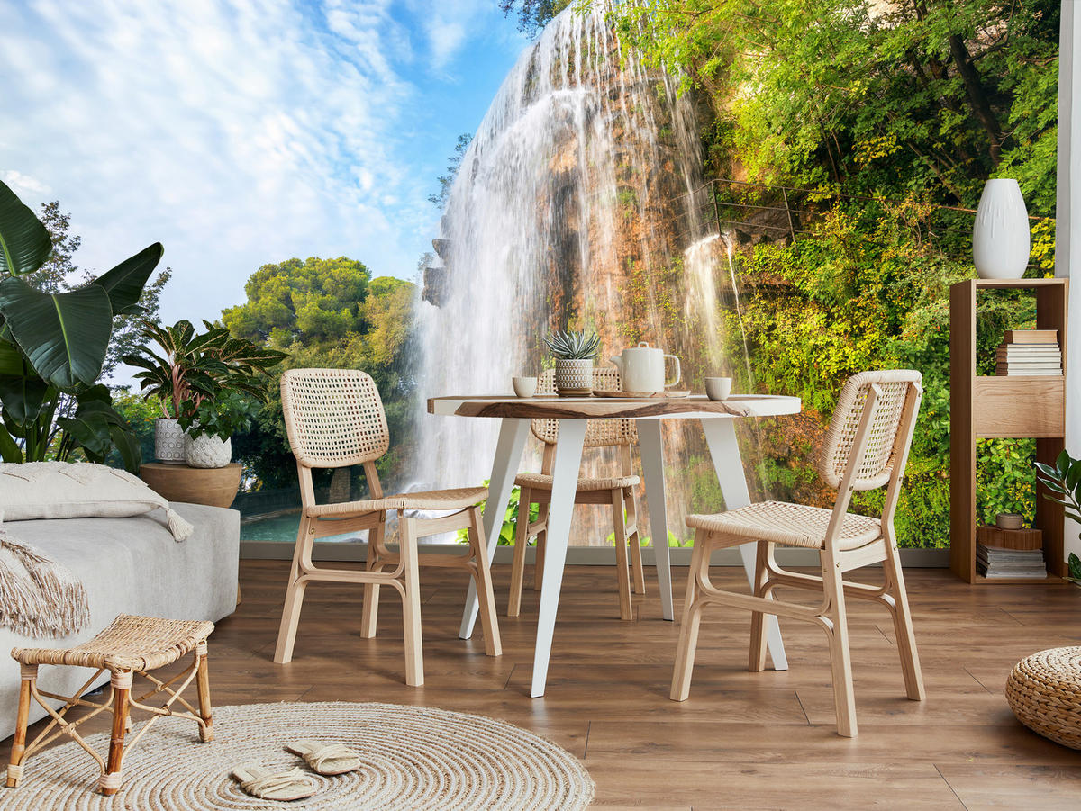FOTOTAPETE für Wohnzimmer Wasserfall Nizza Felsen Pflanzen Bäume 400x280 - Blau/Beige, Papier (400/280cm) - Muralo