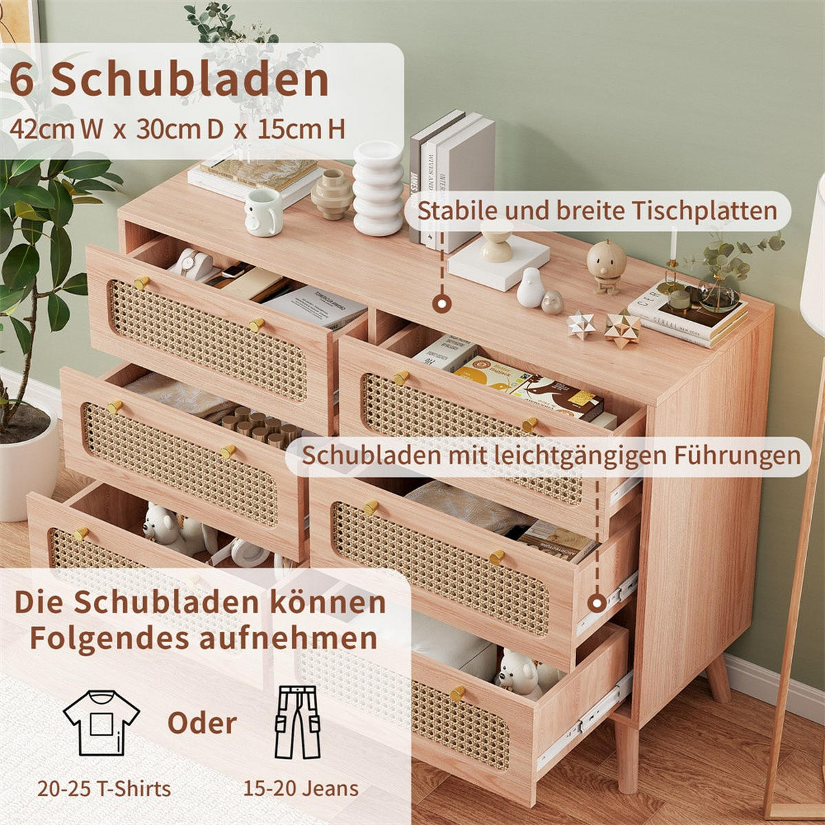 KOMMODE mit 6 Schubladen - Beine aus Massivholz - Rattan-Kommode für Wohnzimmer und Schlafzimmer - Eiche - Eichefarben, Holzwerkstoff (100/73/34cm) - DELFA