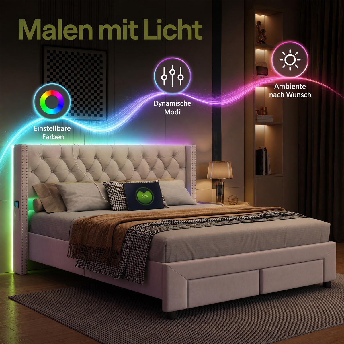 POLSTERBETT 180x200 mit LED und USB, Stauraum, Lattenrost und 2 Schubladen, doppelbett 180x200, Samt Ecru - Ecru, Holz/Textil (180/200cm) - GENKI LIVING