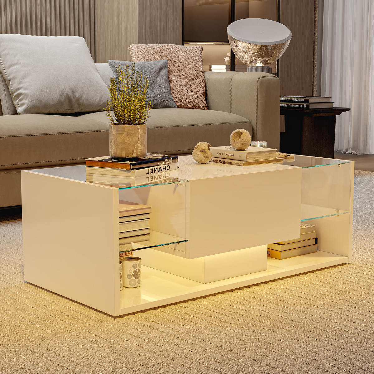 COUCHTISCH Weiß LED Schwebedesign Stauraum - Schwarz, Metall (60/30/62cm) - SHOPENTRA