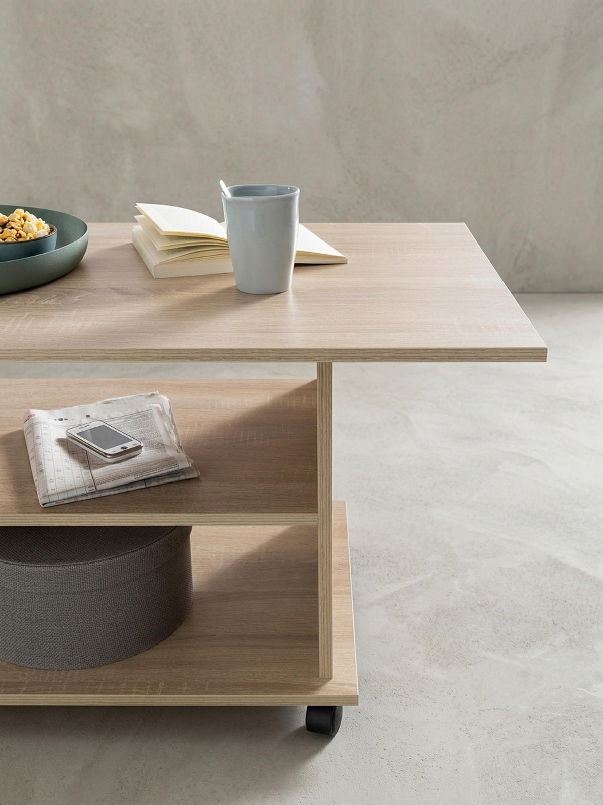 COUCHTISCH mit zwei Ablageflächen, Rollen und Melaminharzbeschichtung, Beige 95x54x51 cm - Beige/Schwarz, Holz (54/95/51cm) - KADIMA DESIGN