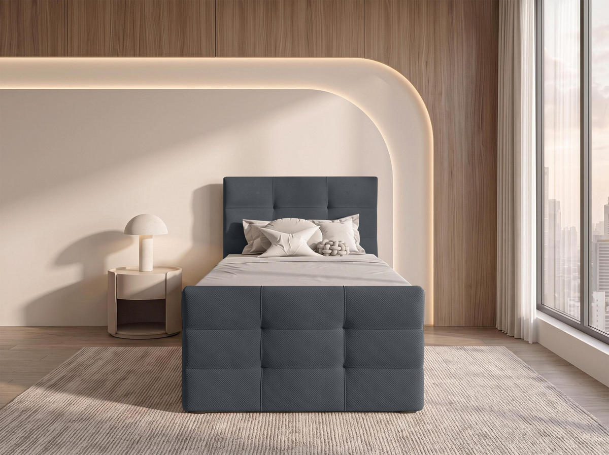 BOXBETT DEFNE 100x200 cm mit Fußteil und Matratze - Dunkelgrau + TOPPER - Dunkelgrau/Schwarz, Holz/Holzwerkstoff (100/200cm) - AX Living
