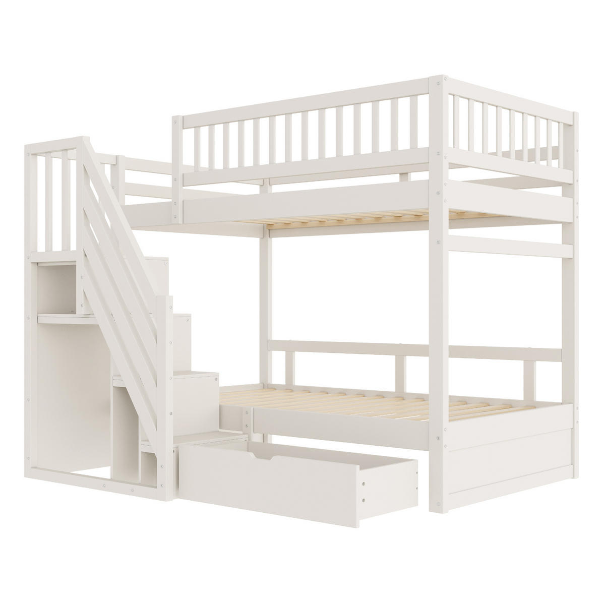 ETAGENBETT 90/200 cm Weiß aus Massivholz mit Sicherheitsgitter und Stauraum - Weiß, Holzwerkstoff (90/200cm) - OKWISH