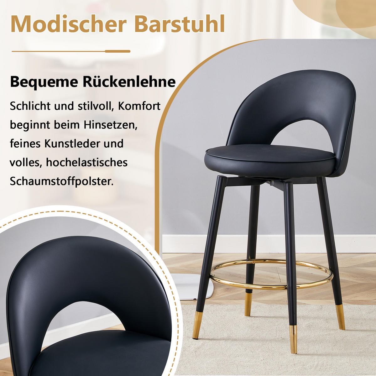 BARHOCKER 2er-Set Schwarz 360° drehbar mit PU-Leder und Rückenlehne - Schwarz, Metall (44/91.5/44cm) - PANGIVO
