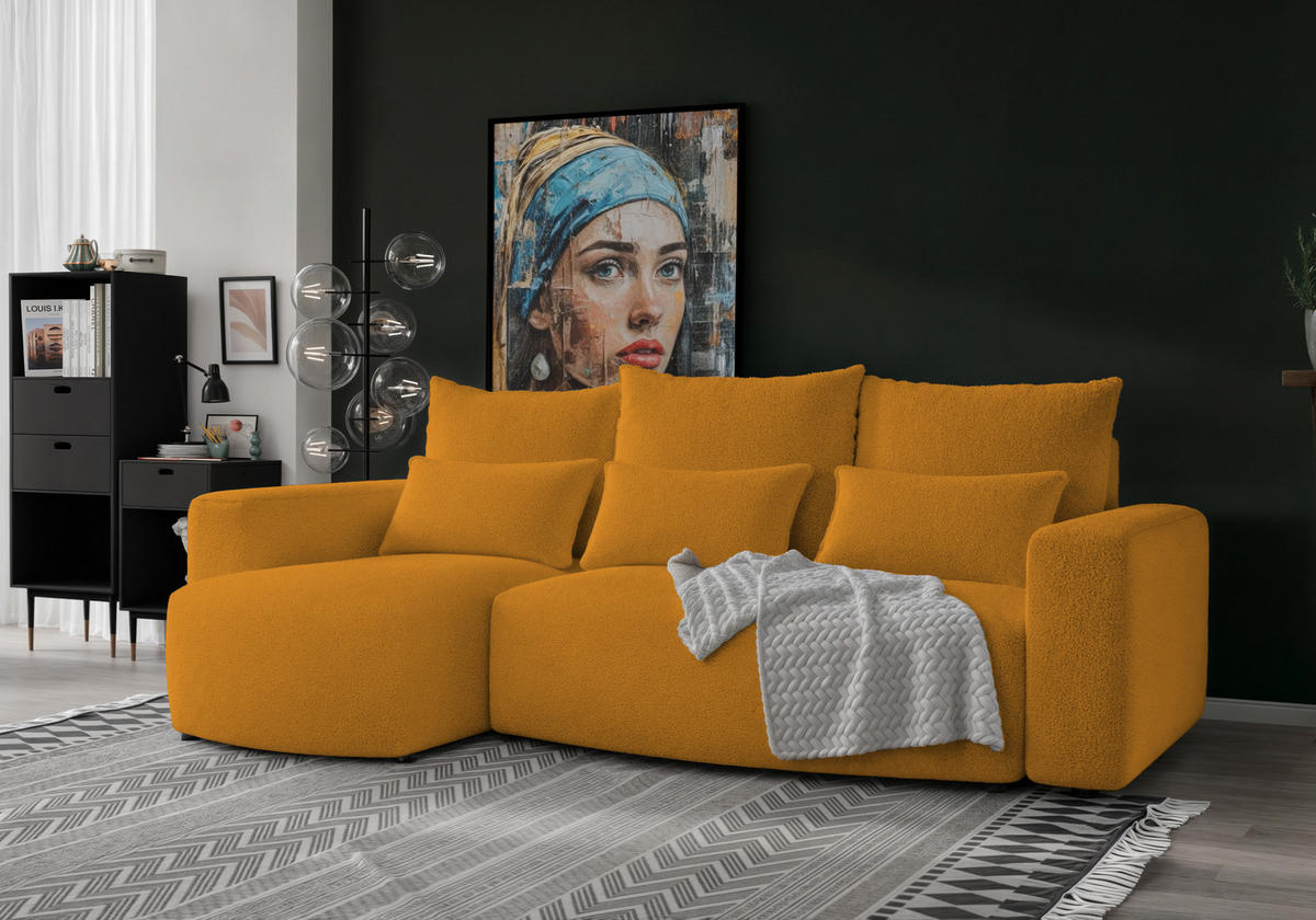 ECKSOFA Travis mit Bettkasten und Schlaffunktion, L-Form, Boucle, Universal - Honig, Holzwerkstoff (248/148cm) - 4ALL HOME