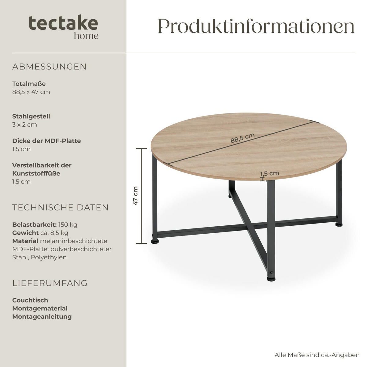 COUCHTISCH Aberdeen, 88,5 x 47 cm, Industrial Holz hell, Eiche Sonoma - Naturfarben, Holz (88.5/88.5/47cm) - tectake