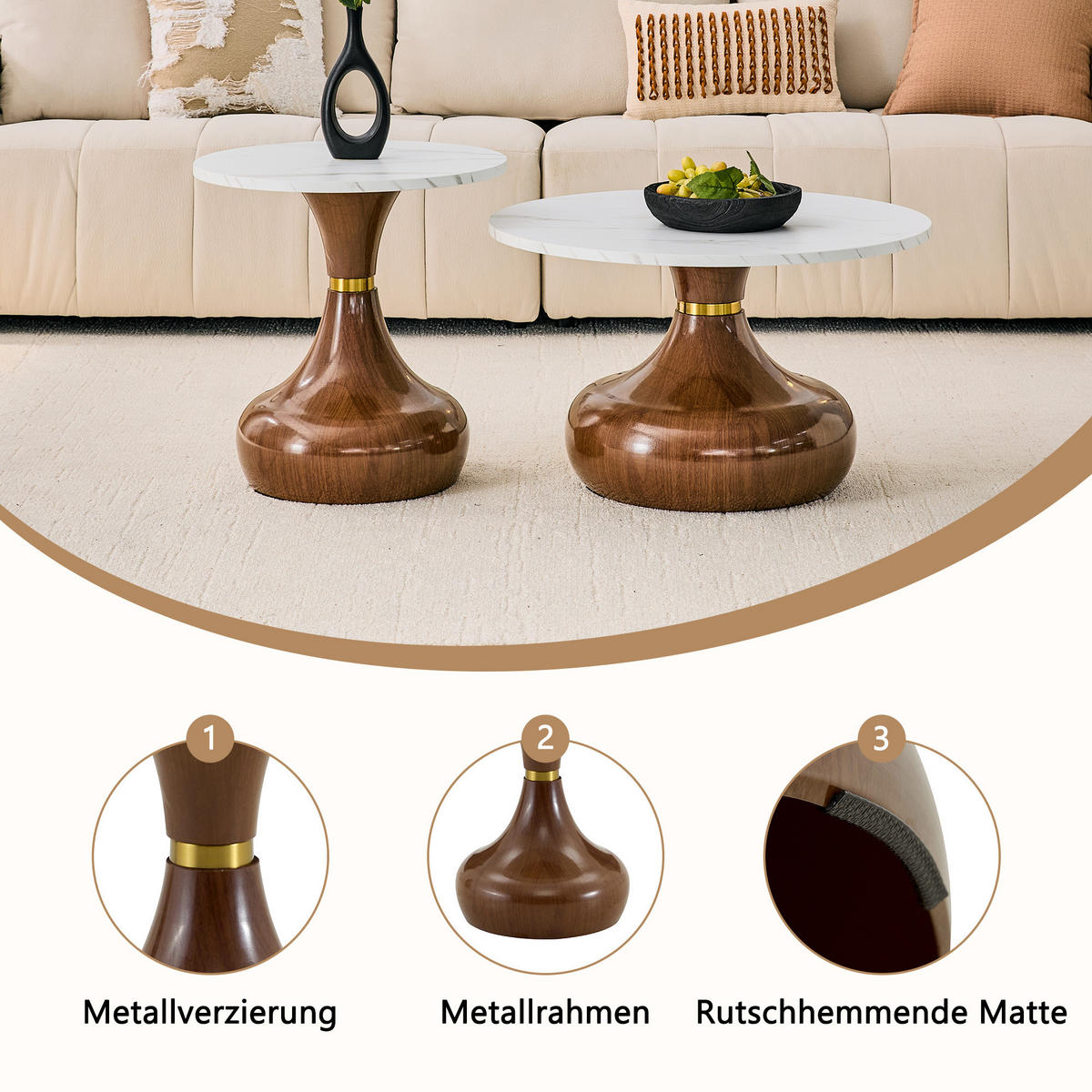 COUCHTISCH-SET DE-37437 2er-Set sanduhrförmig mit Marmoroptik Weiß - Weiß, Metall (50/50/51.5cm) - ComfortXL