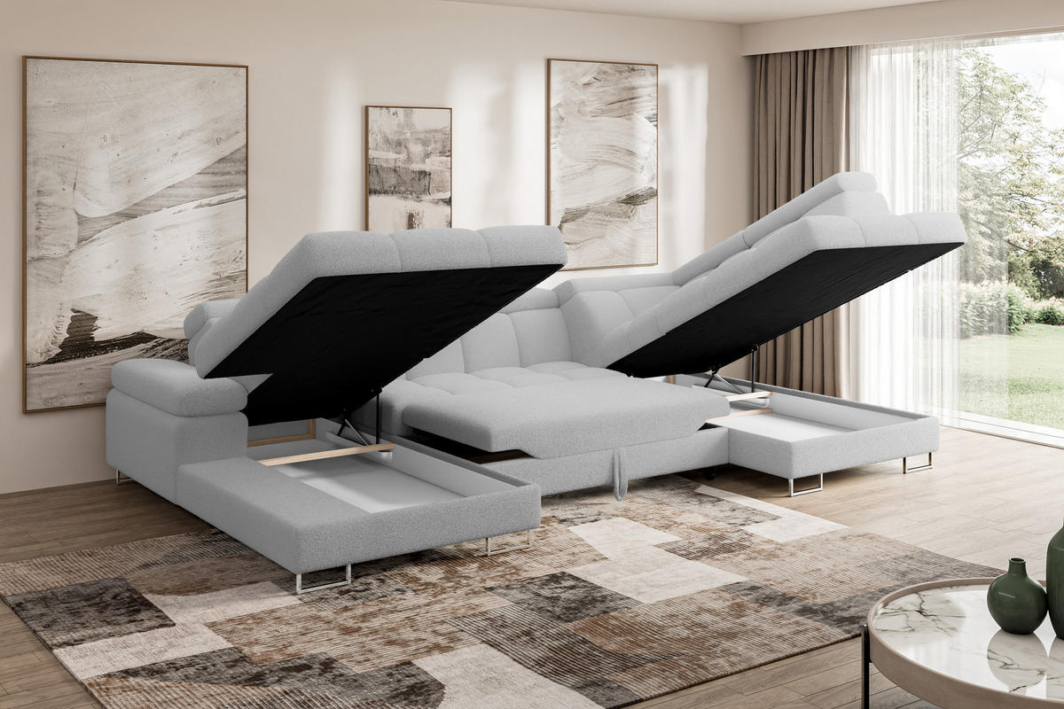 WOHNLANDSCHAFT mit Schlaffunktion und Bettkasten Ottomane RECHTS COMA U 345x203x79 Hellgrau Bouclé - Edelstahlfarben, Holzwerkstoff/Textil (203/79/345cm) - ALTDECOR