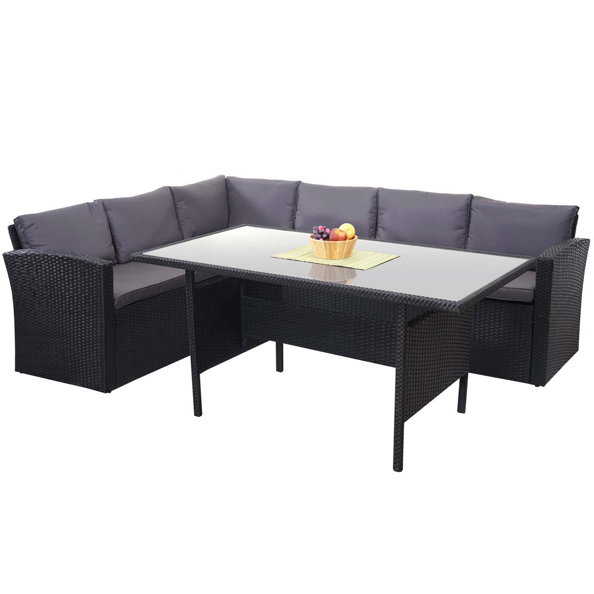 POLY-RATTAN-GARNITUR Schwarz 1 Eckbank, 1 Tisch-Set - Schwarz, Kunststoff - MCW