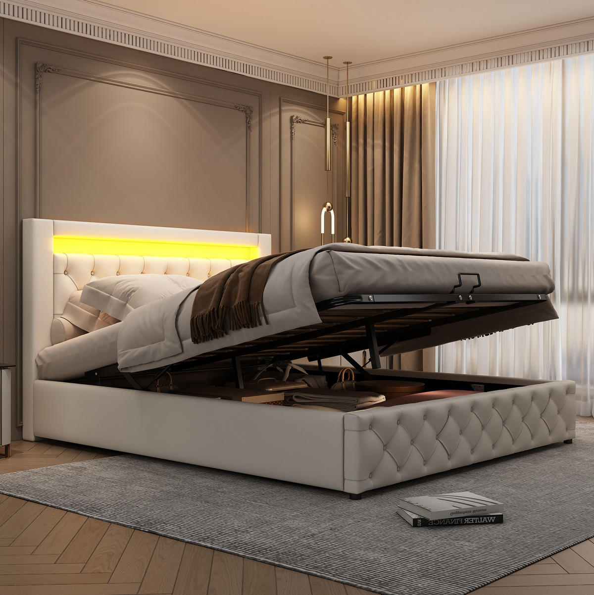 POLSTERBETT mit Bettkasten und LED 160x200 cm PU Weiß - Weiß, Metall (160/200cm) - Beauniv