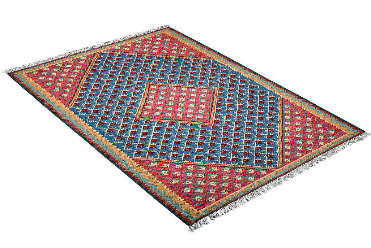 HANDWEBTEPPICH Senneh Kelim Blau, Rot 150/105 cm Schurwolle - Blau, Textil (105/150cm) - Looma