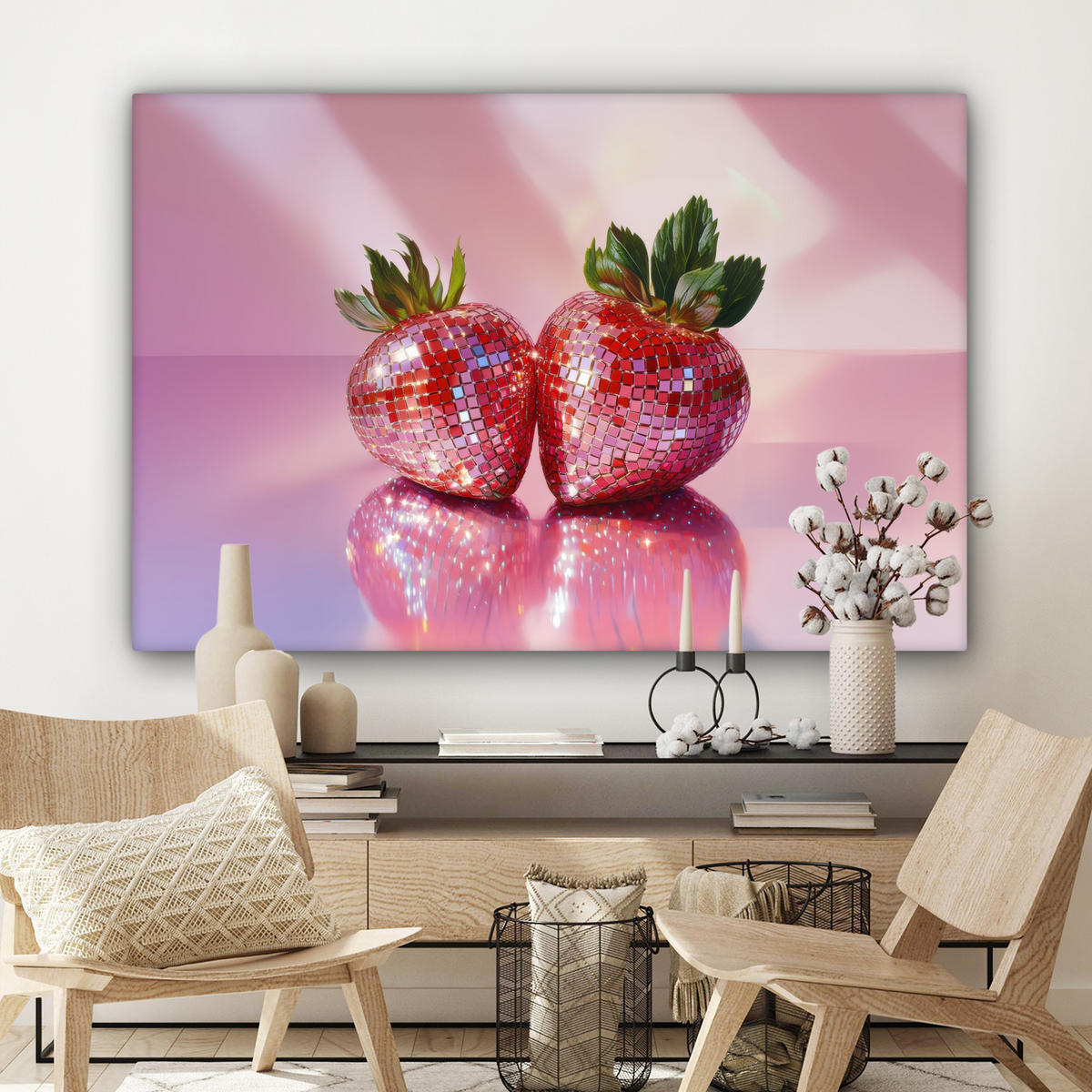 LEINWANDBILD Disco - Obst - Glitzer - Erdbeere Groß 140x90 cm - Pink, Textil (140/90cm) - MuchoWow