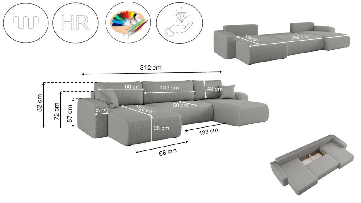 ECKSOFA U-Form Mit Schlaffunktion Und Bettkasten MILANO Stoff Grau - Grau, Holz (312/145cm) - Kaiser Möbel
