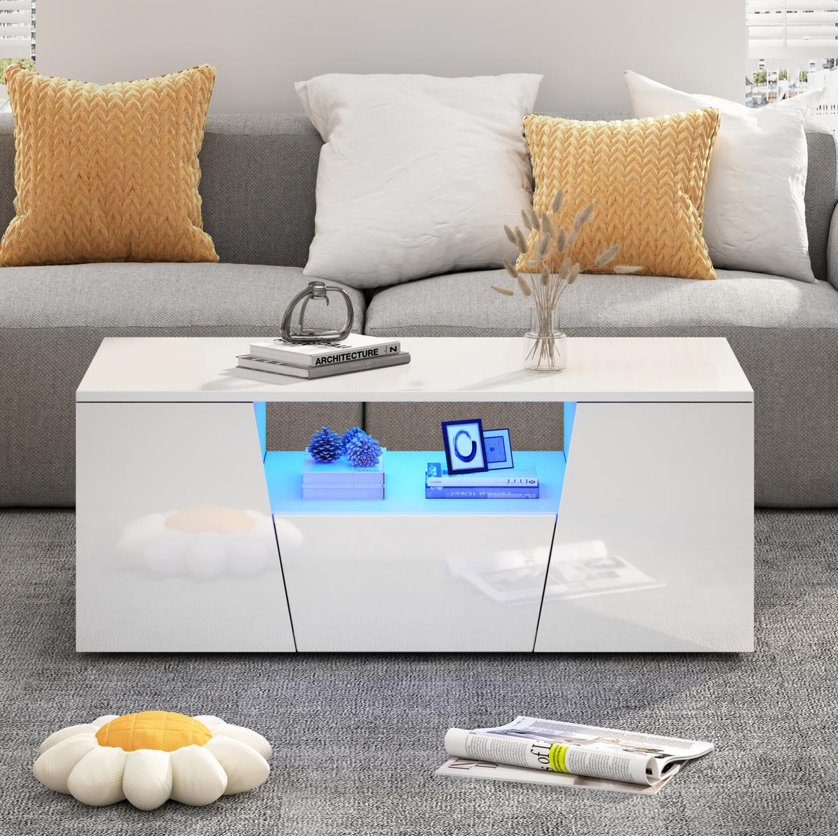 COUCHTISCH 100/50/40 cm Weiß aus Spanplatte mit LED-Beleuchtung - Weiß, Holzwerkstoff (100/50/40cm) - OKMYHOME