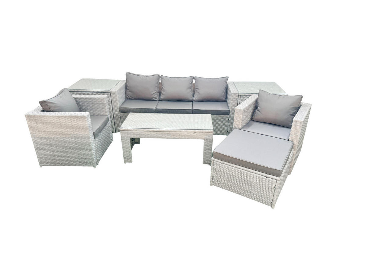 GARTENSET mit 3-SITZER SOFA,COUCHTISCH Polyrattan Hellgrau-Mix 6-Sitzer - Hellgrau/Grau, Glas/Kunststoff - Fimous