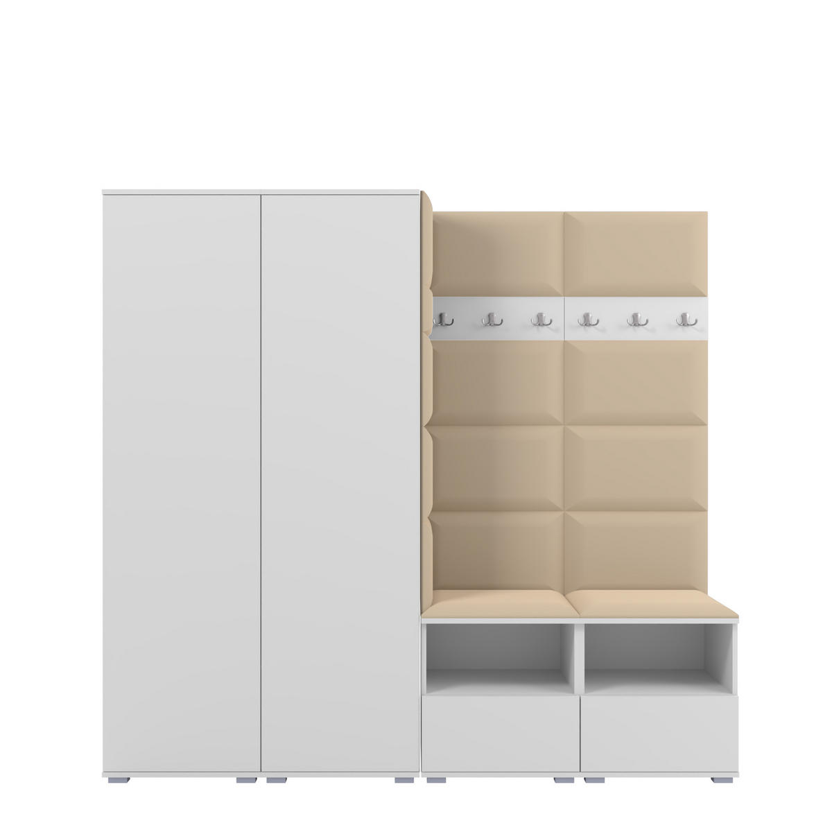 GARDEROBE NELA VI 200 cm (Kompaktgarderobe Weiß mit Sitzpolster Beige 04 Schrank & Paneel) - Beige/Silberfarben, Holz/Holzwerkstoff (200/187/40cm) - Ravio