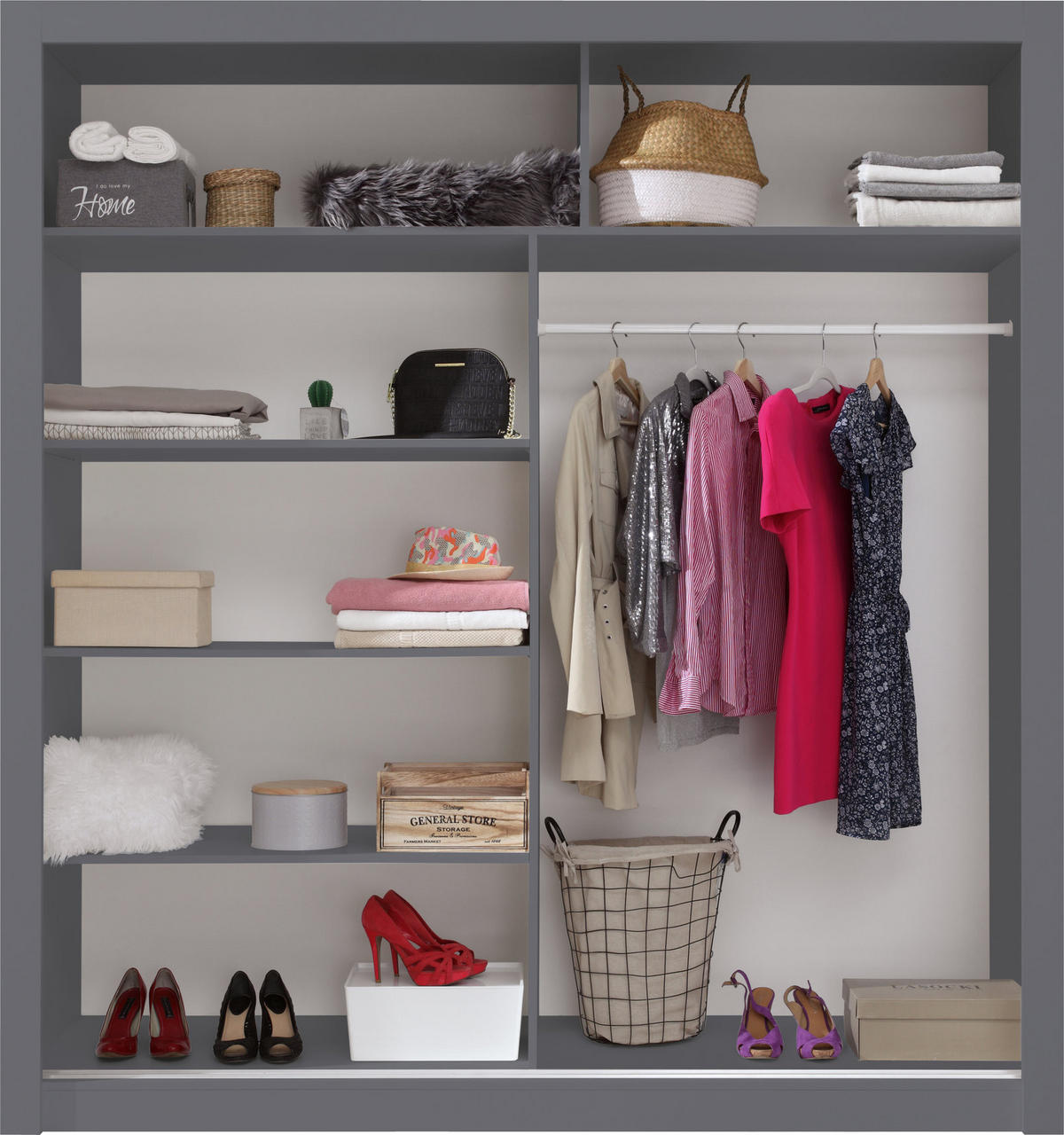 SCHWEBETÜRENSCHRANK MIRA 200/215/60cm 2-türig mit Spiegel Anthrazit - Anthrazit, Holzwerkstoff (200/215/60cm) - MASSENO