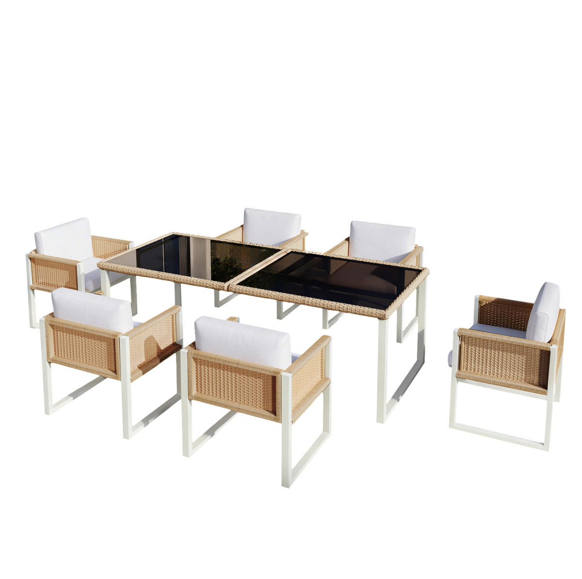 GARTENMÖBEL-SET 7-tlg. mit Glastisch und 6 Stühlen Braun Weiß - Braun, Holz - Beauniv