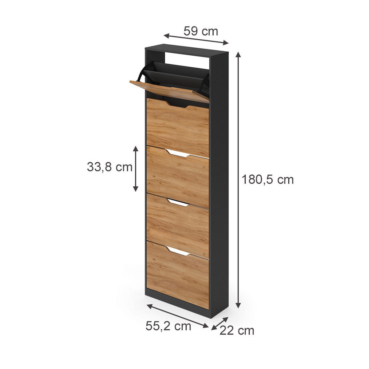 SCHUHKIPPER Luca, Anthrazit/Goldkraft Eiche, 59 x 180.5 cm mit 5 Kippfächern - Honigeiche/Anthrazit, Holzwerkstoff (59/180.5/22cm) - Vicco