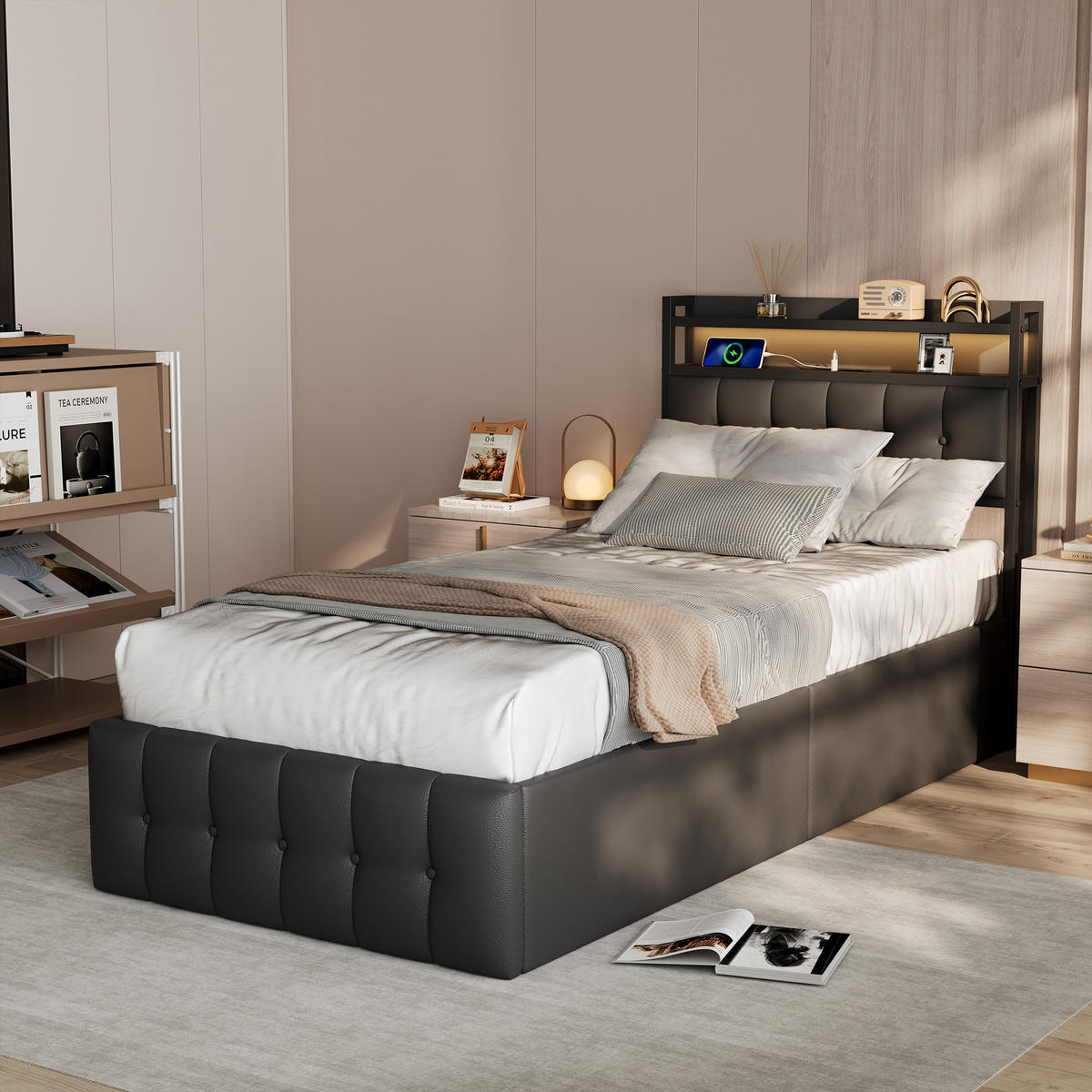 POLSTERBETT 90/200 cm,Einzelbett Schwarz aus Kunstleder，mit LED-Beleuchtung&USB-Ladefunktion - Schwarz/Naturfarben, Holz/Metall (90/200cm) - FURNISHINGS HOME