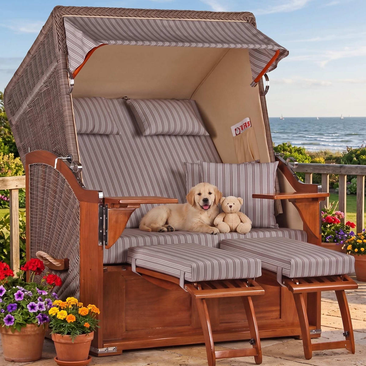 STRANDKORB Seeblick 2 Sitzer Mahagoni - Braun/Grau, Metall (125/170/80cm) - Mr. Deko