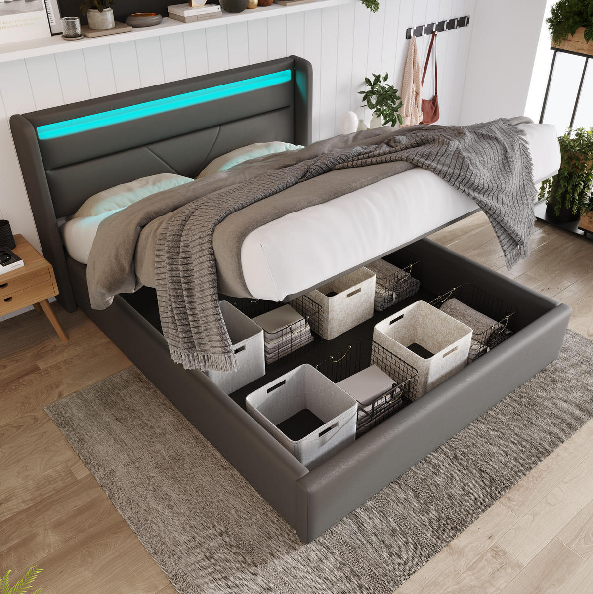 BETT mit Bettkasten und LED 160x200 cm PU Grau - Grau, Metall (160/200cm) - Meubliv