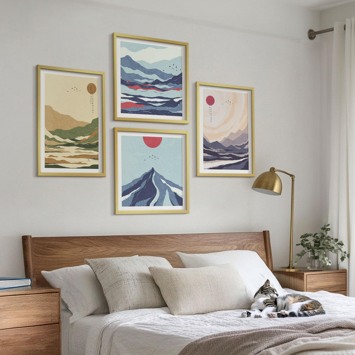 WANDBILDER 4er Set - 50x50 cm & 40x60 cm Goldrahmen - Pastellfarbene Berge im Japandi-Stil - Goldfarben, Kunststoff (50/50cm) - ArtPrintCave
