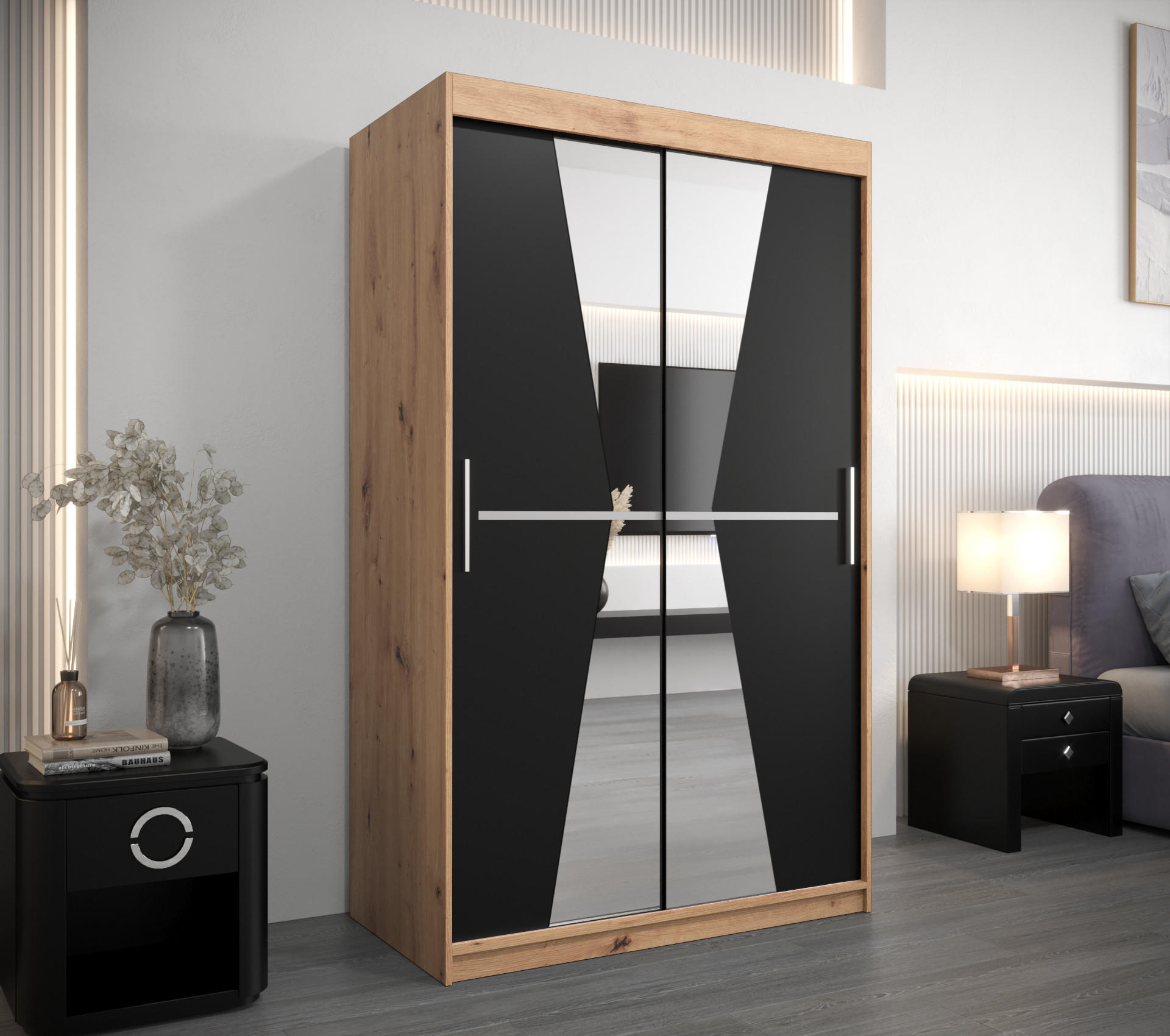 SCHWEBETÜRENSCHRANK 200/120/62 2-türig - Silberfarben/Schwarz, Holz/Kunststoff (120/200/62cm) - Abiks Möbel