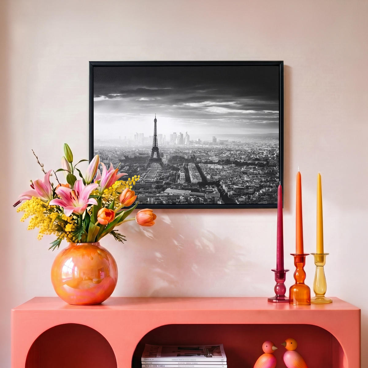 LEINWAND Bilder mit Rahmen - Paris - Skyline - Eiffelturm - Stadt - Wolken - 40x30 - Dunkelgrau, Textil (40/30cm) - MuchoWow