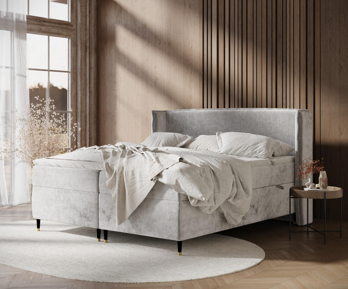 BOXSPRINGBETT Segni Hellgrau 200/200 cm mit Matratze und Topper - Schwarz/Grau, Holz/Holzwerkstoff (200/200cm) - Maison de Reve
