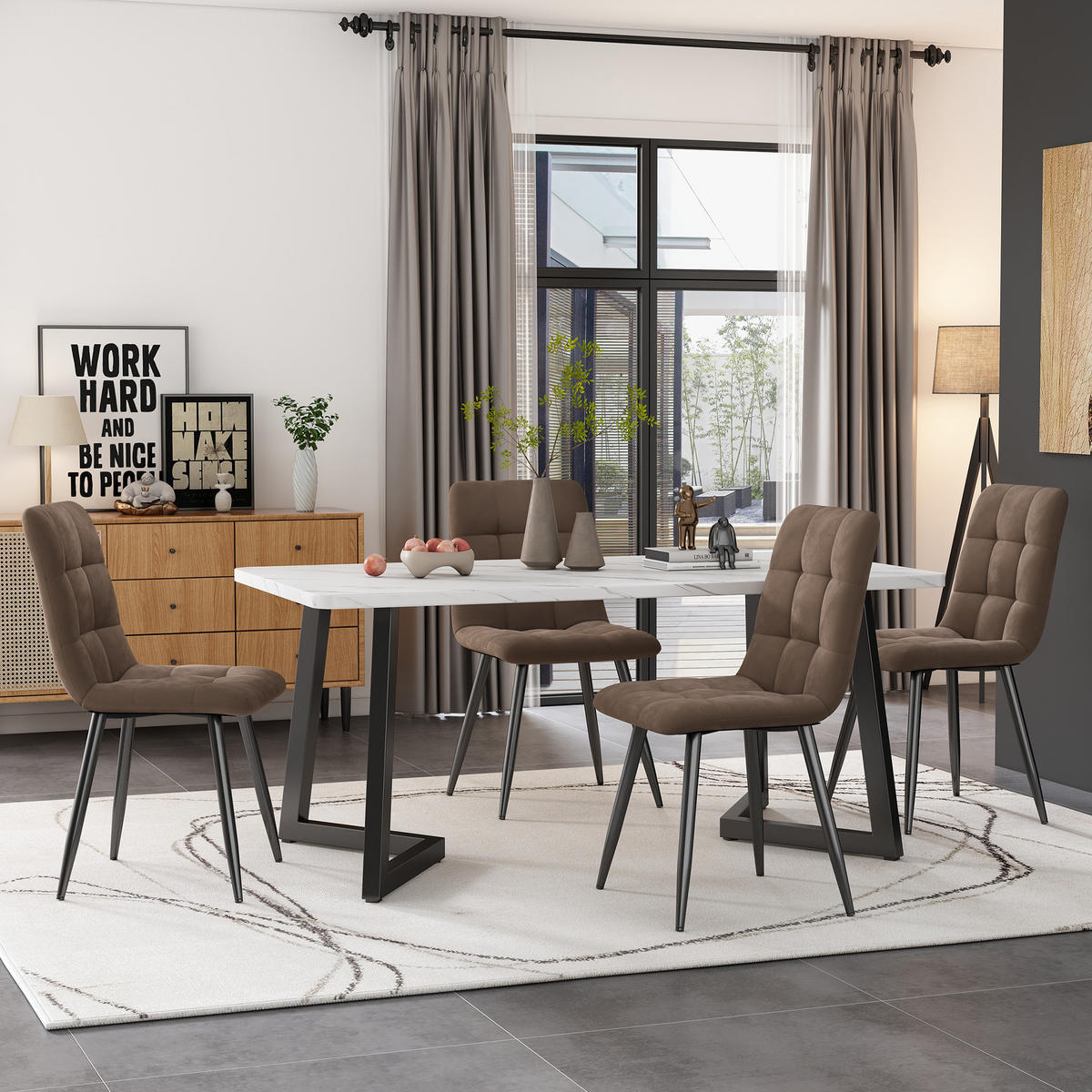 ESSTISCHSET 117x68 Cm Mit 4 Stühlen, Rechteckig, Braun Samt, Schwarz - Braun, Holzwerkstoff (117/75/68cm) - FLIEKS