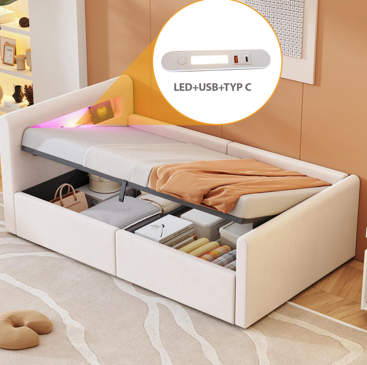 POLSTERBETT 90/200 cm Beige mit Stauraum, LED-Beleuchtung und USB-Anschluss - Beige, Textil (90/200cm) - Flora Grace