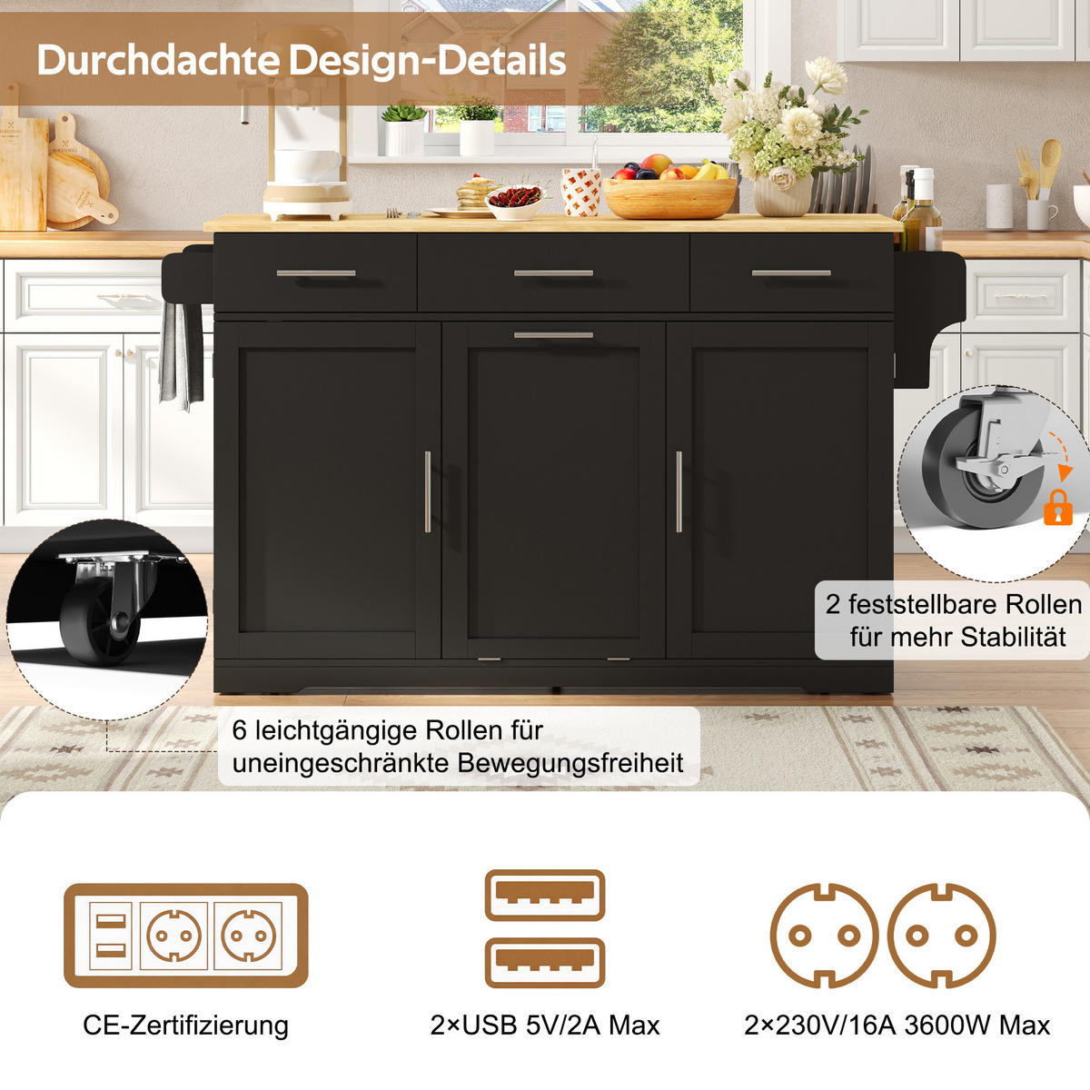 KÜCHENINSEL DE-41372 136/50-75/92 cm, klappbare Arbeitsplatte und Mülleimerschrank Schwarz - Schwarz, Holzwerkstoff (136/92/75cm) - ComfortXL
