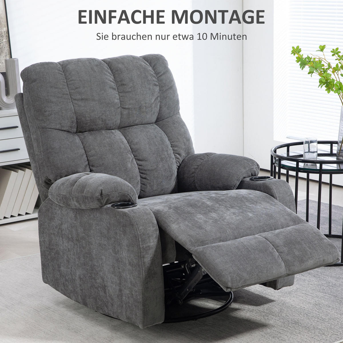 RELAXSESSEL Drehbar Fernsehsessel mit Liegefunktion, Schaukelfunktion Dunkelgrau - Dunkelgrau/Schwarz, Textil/Metall (96/108/88cm) - HOMCOM