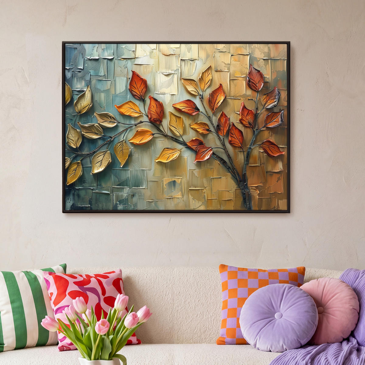 LEINWAND Bilder mit Rahmen - Baum - Abstrakt - Natur - Kunst - 100x70 - Goldfarben, Textil (100/70cm) - MuchoWow