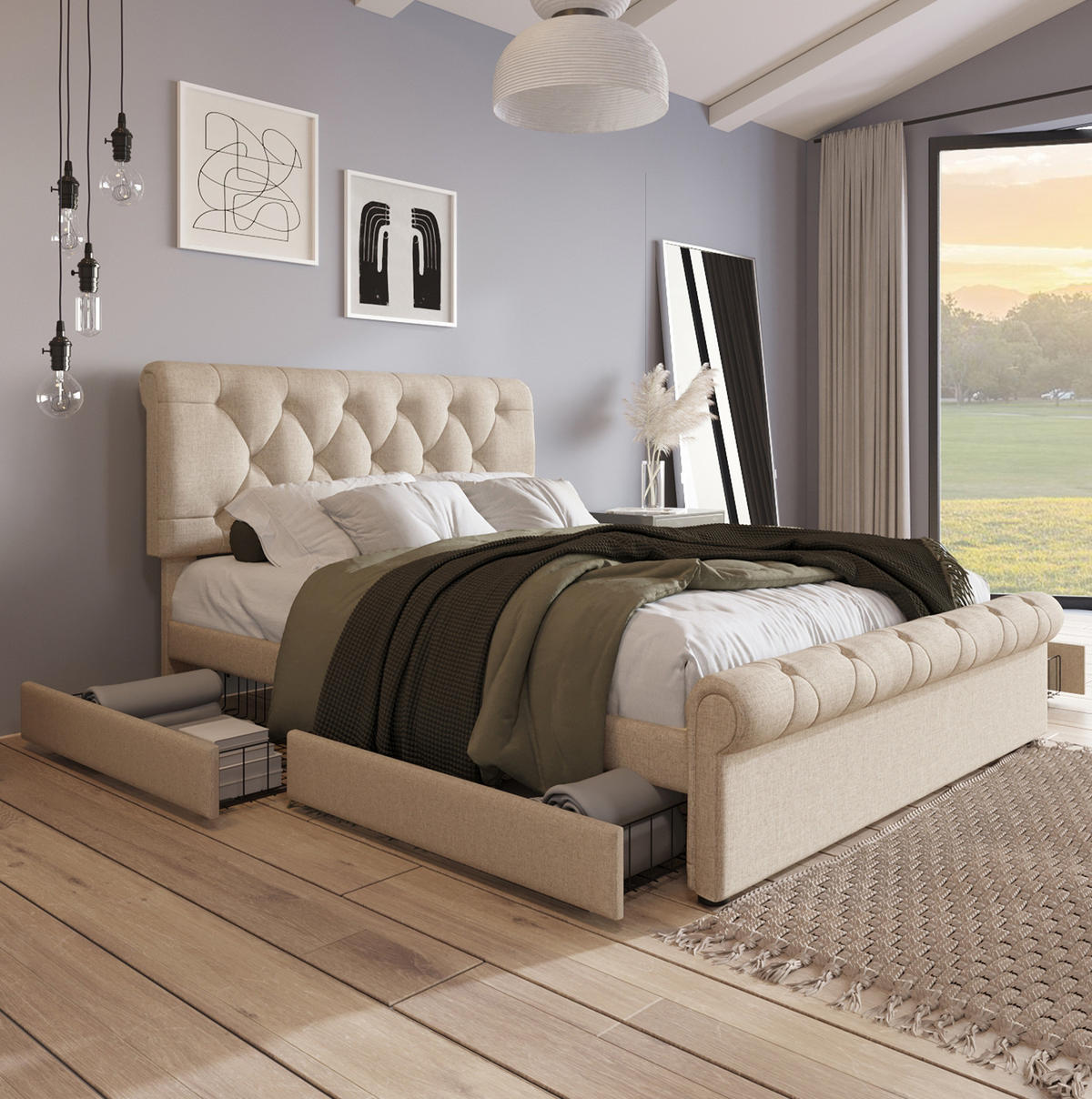 POLSTERBETT 140/200 cm mit 4 Schubladen, Matratze und verstellbarem Kopfteil - Naturfarben, Metall (140/200cm) - BEAOK