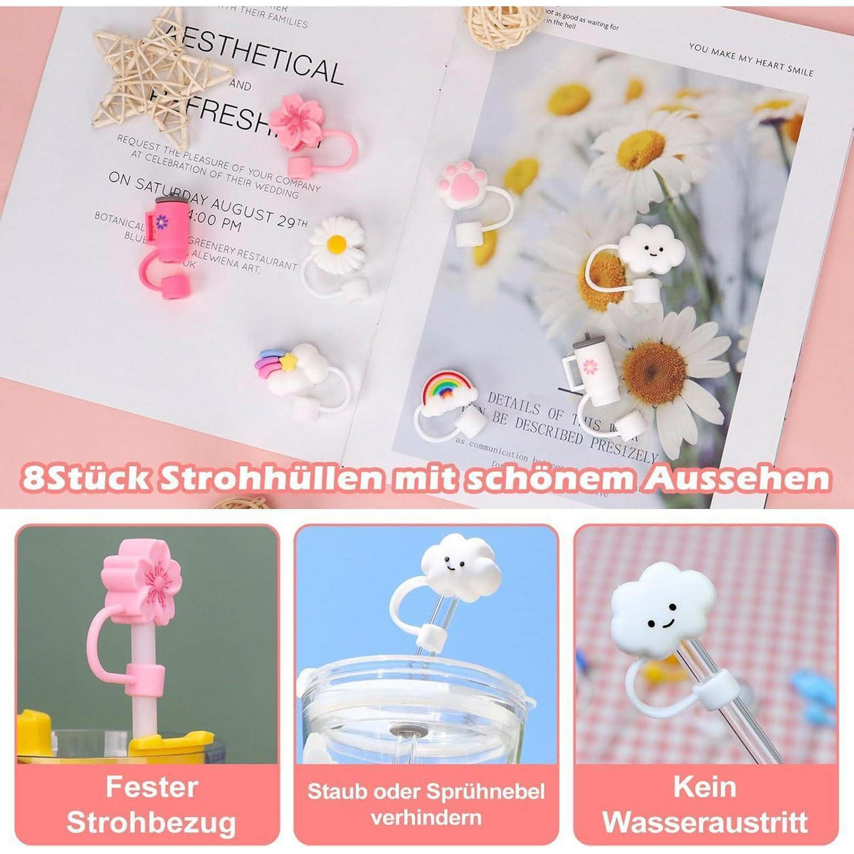 STROHHALM Abdeckung 8-teiliges Set Silikon für Stanley Cup - Multicolor, Kunststoff (3.3/2.5/3.7cm)