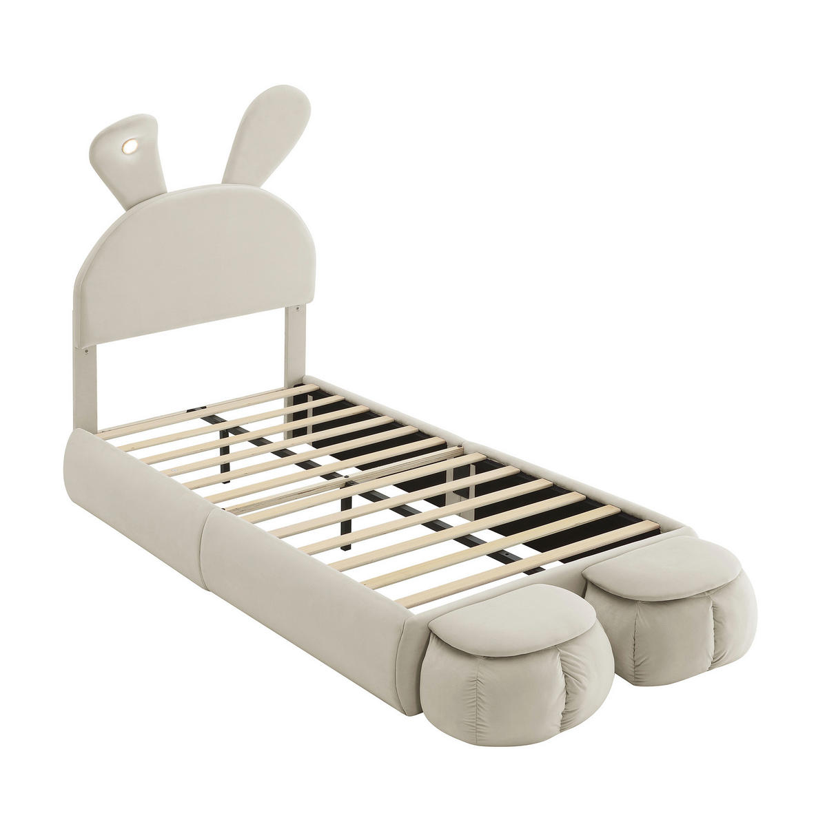 POLSTERBETT 90/200 cm mit LED-Beleuchtung, 2 Aufbewahrungshockern und verstellbarem Kopfteil aus Samt, Beige - Beige, Textil (90/200cm) - Redom