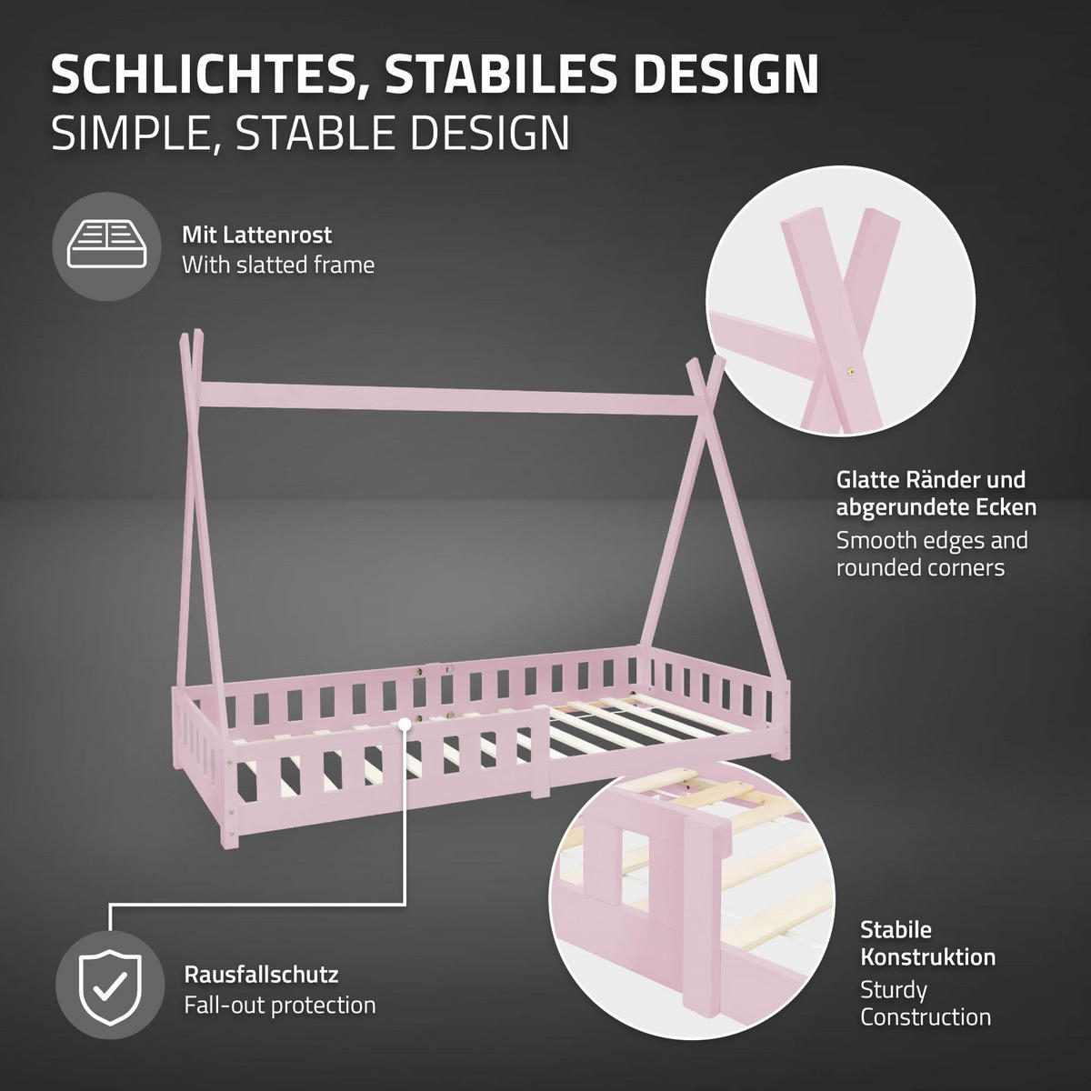 KINDERBETT Tipi mit Matratze 90x200 cm Rosa - Pink, Holz (90/200cm) - ML-DESIGN
