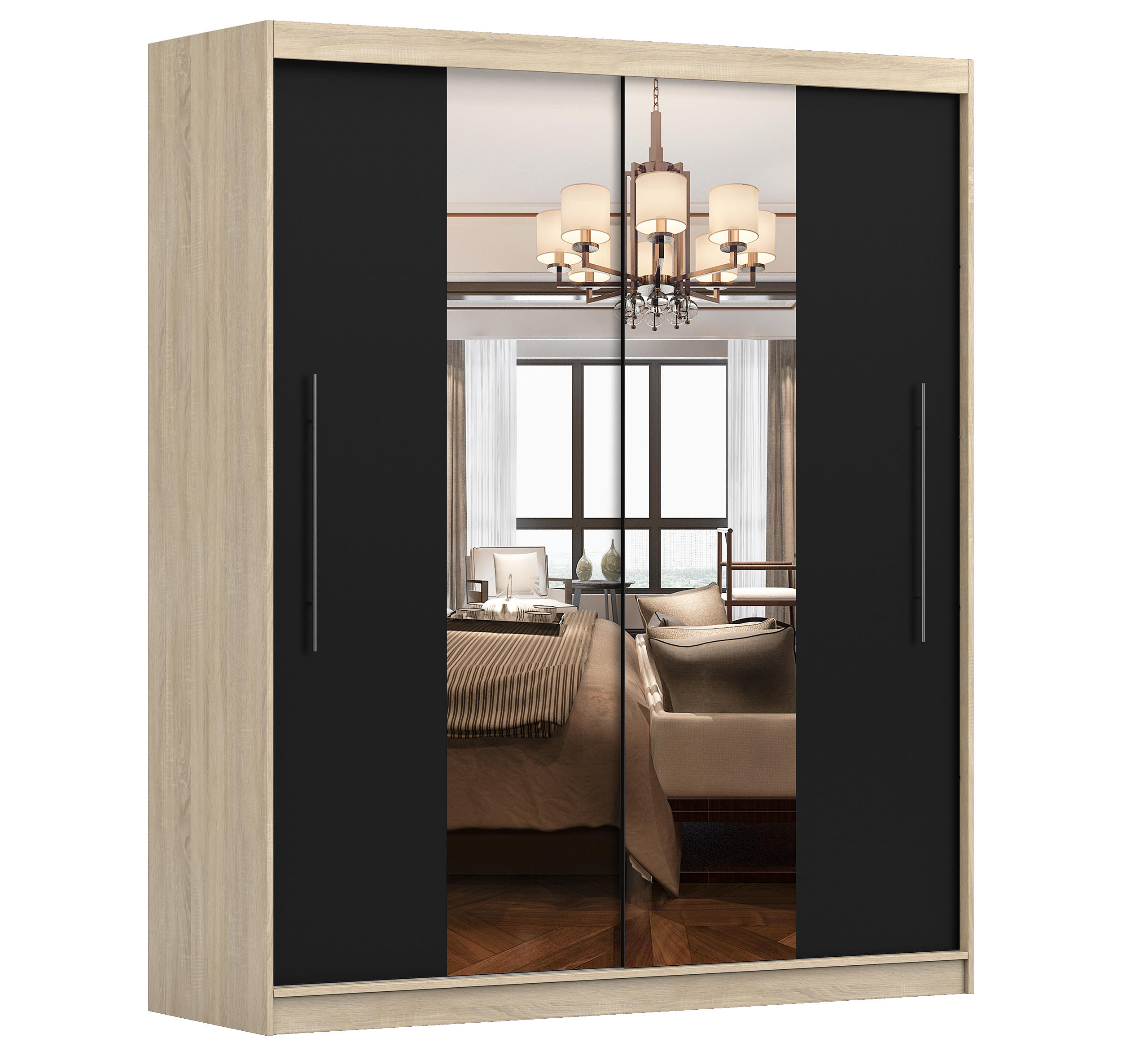 SCHIEBETÜRENSCHRANK - NICO 01 Sonoma + Schwarz - Schwarz/Sonoma Eiche, Holzwerkstoff/Metall (204/218/58cm) - Möblo