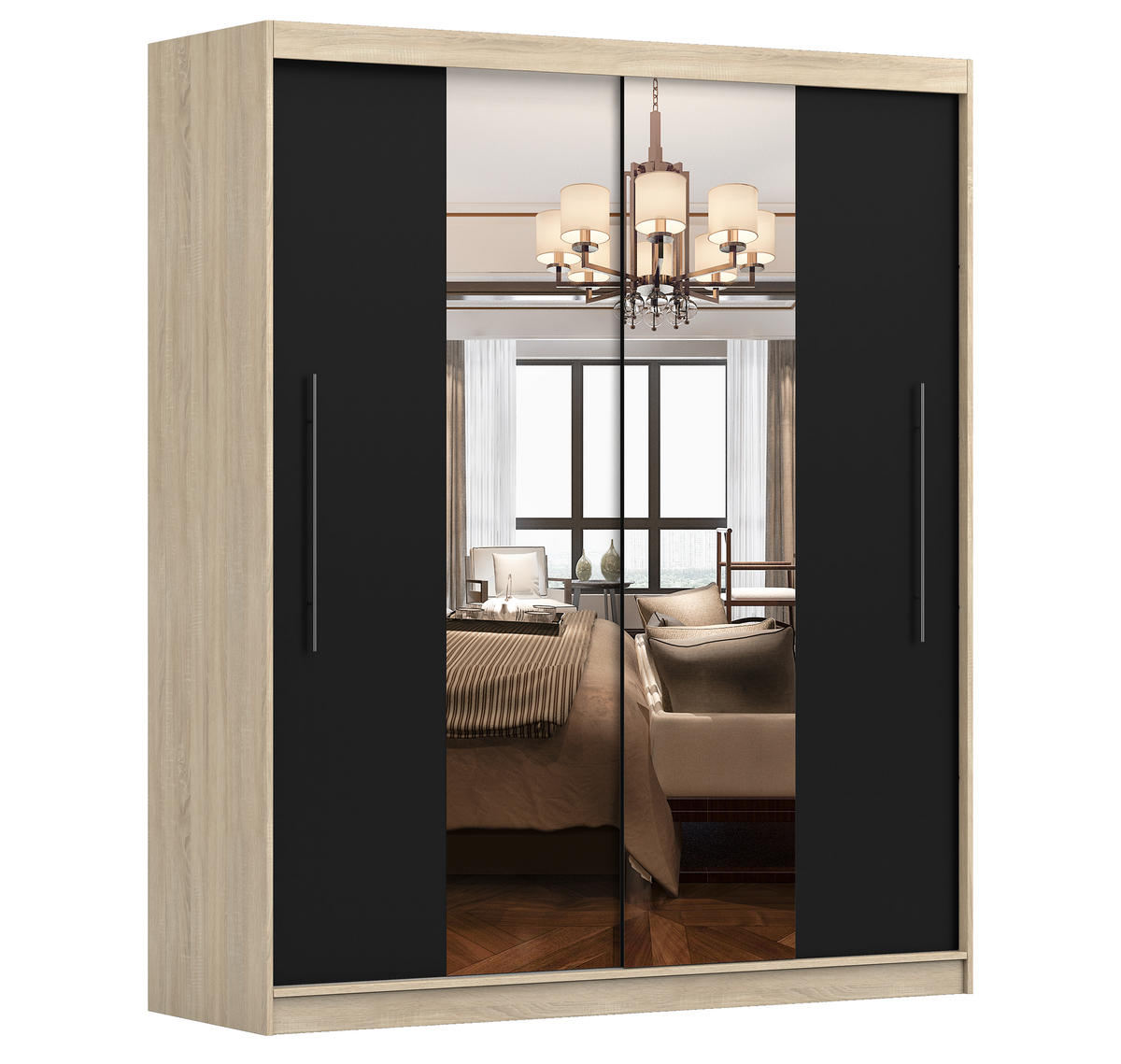 SCHIEBETÜRENSCHRANK - NICO 01 Sonoma + Schwarz - Schwarz/Sonoma Eiche, Holzwerkstoff/Metall (204/218/58cm) - Möblo