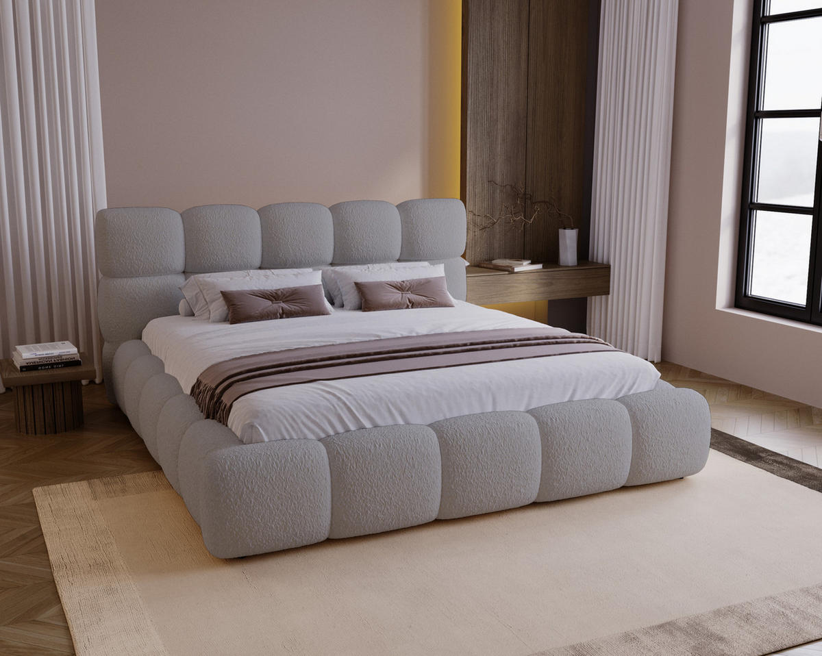 DOPPELBETT 200x200 Lucca mit Bettkasten, Stoff Bouclé, Hellgrau - Hellgrau, Holz/Textil (200/200cm) - Emporius