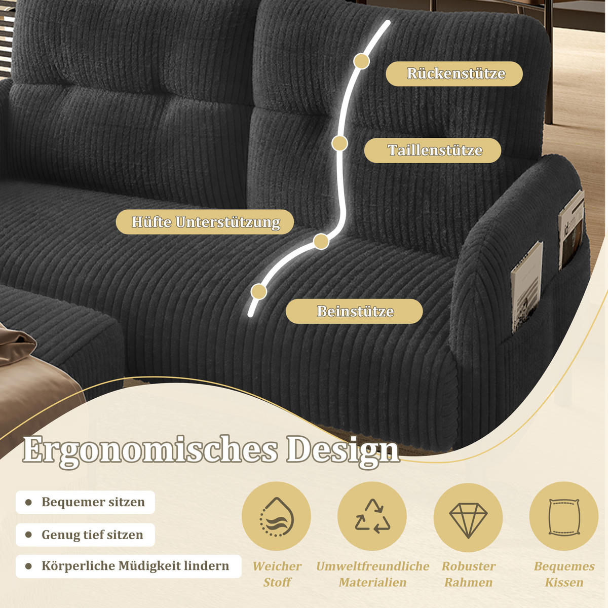 2-SITZER SOFA Cord Grau mit Seitentasche - Grau, Textil/Metall (120/79/75cm) - WISHDOR
