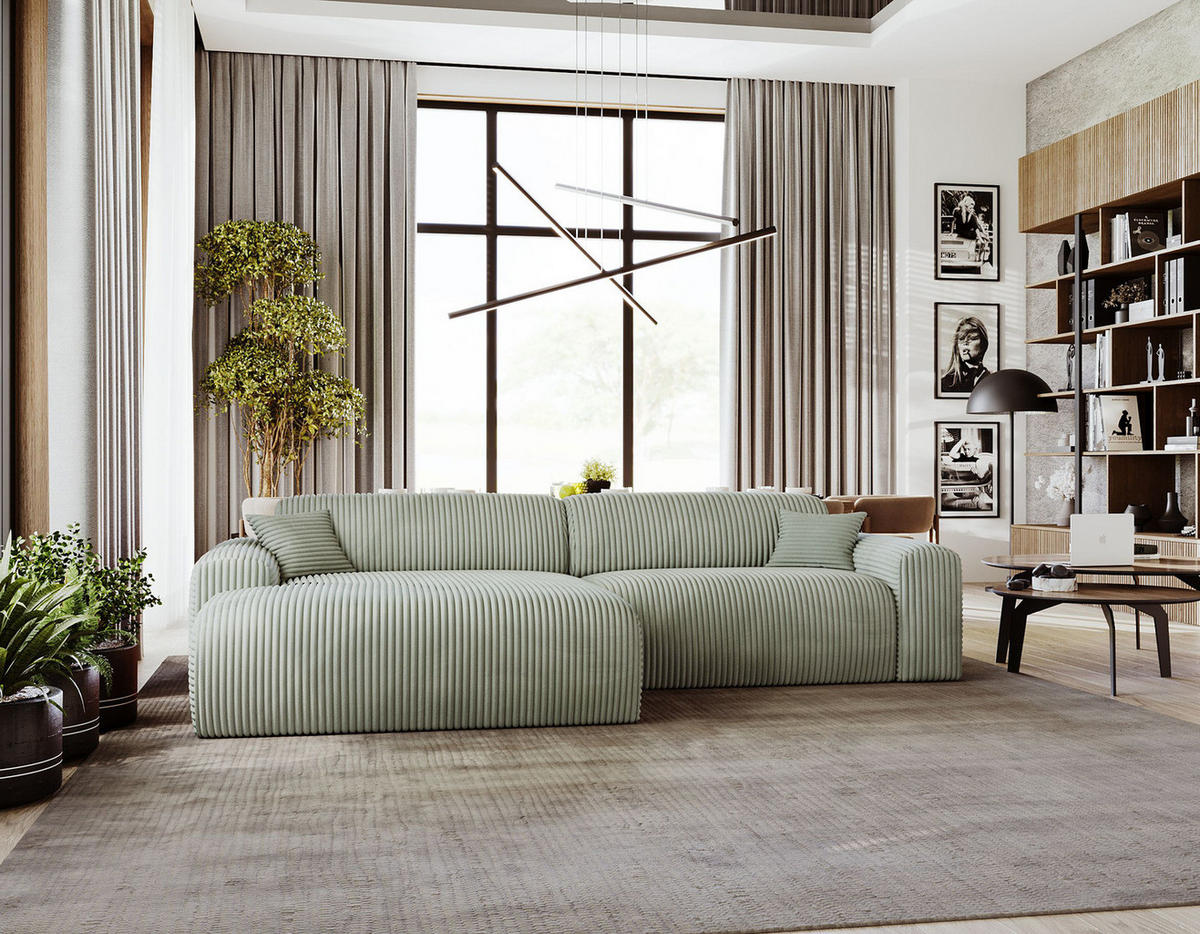 ECKSOFA mit Longchair - Cord - Schwarz/Grün, Kunststoff/Textil (284/178cm) - home24