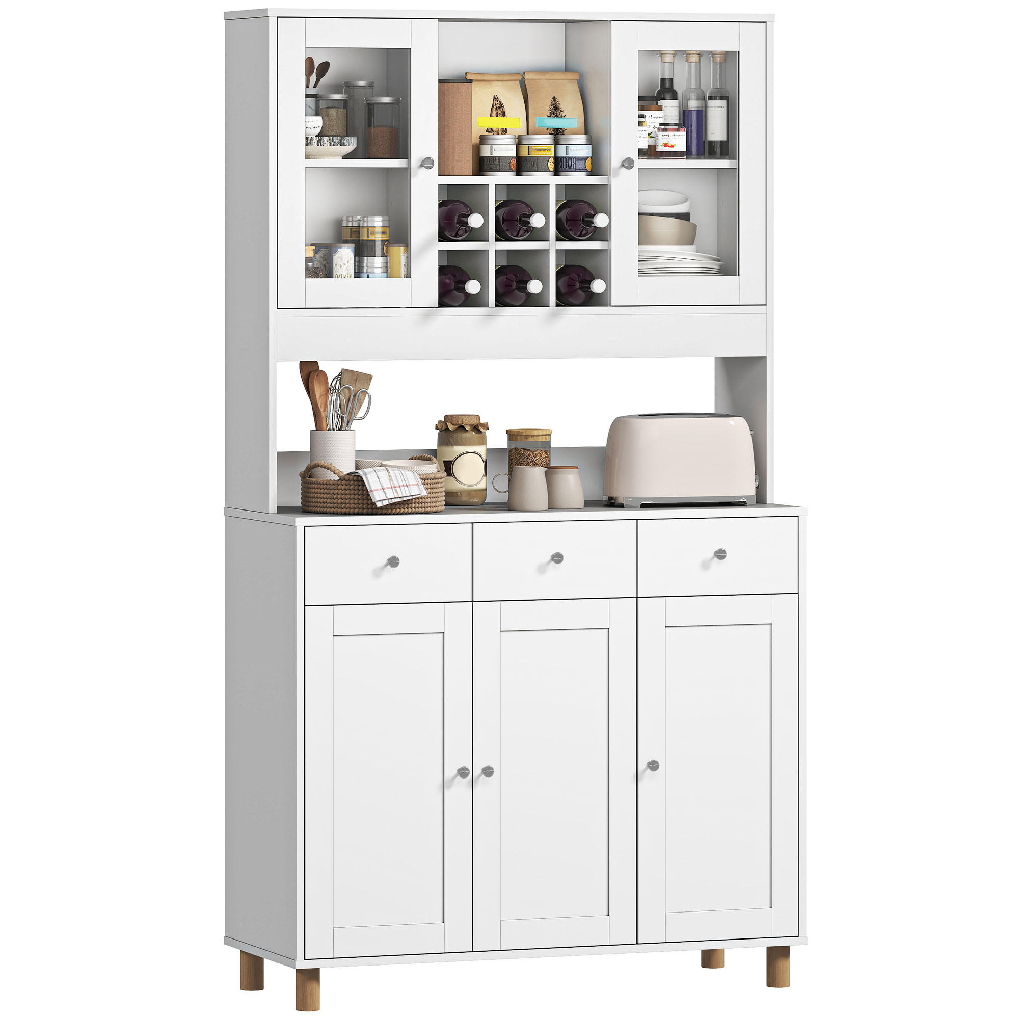 BUFFET DE-08697 180 cm mit Glastüren & Weinregal Weiß - Weiß, Holzwerkstoff (40/180/100cm) - ComfortXL