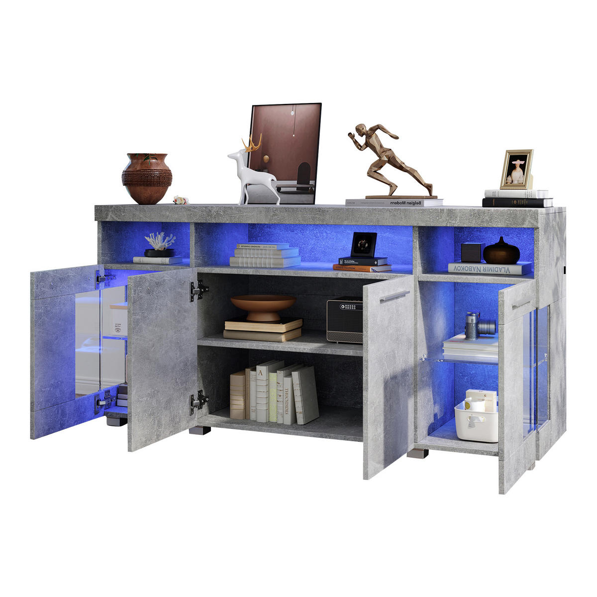 SIDEBOARD, LED, 3 Fächer, Glas, Zementfarben, 140x40x70cm - Grau, Holzwerkstoff (40/70/140cm) - FLIEKS