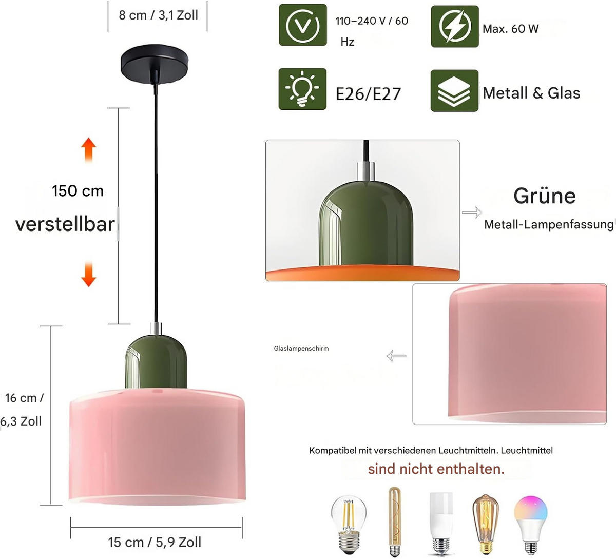 PENDELLEUCHTE Glas Nordisch Modern 15cm Rosa, E27 bis 150cm höhenverstellbar - Pink, Metall (15/16/15cm) - Authentics