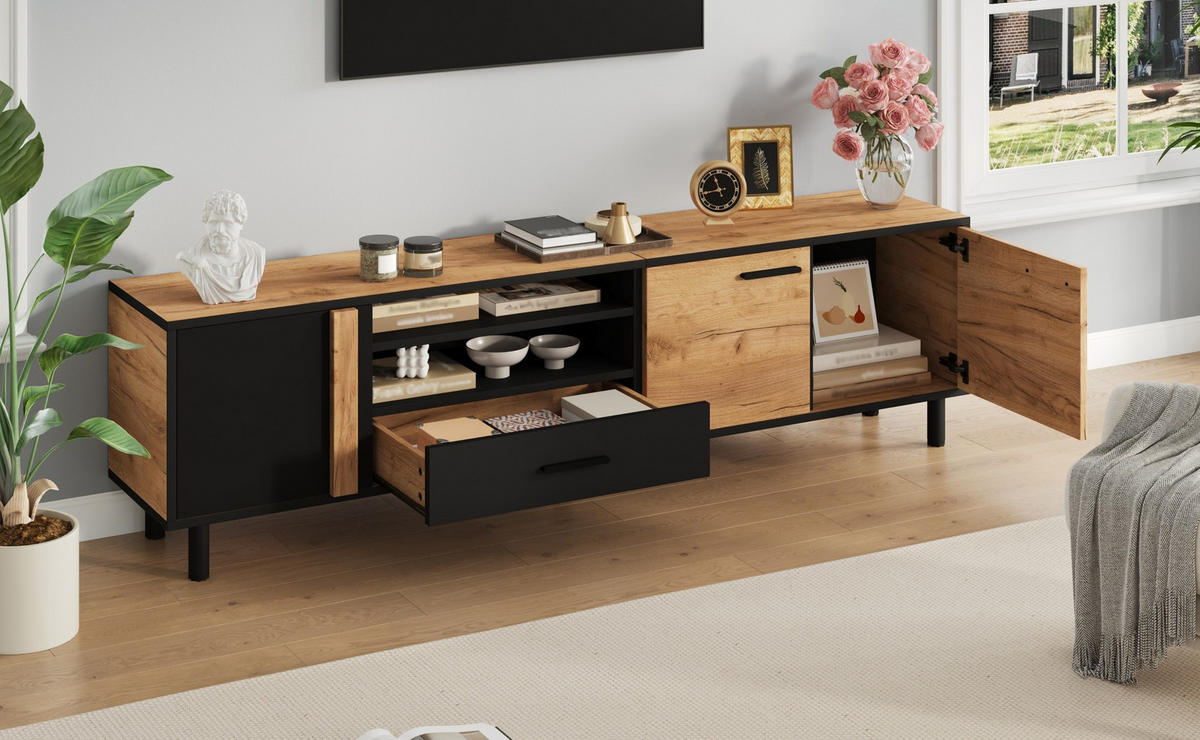 TV-LOWBOARD 180/32,5/50 cm schwarz-Holzoptik aus Spanplatte mit 3 Türen - Schwarz, Holzwerkstoff (180/50/32.5cm) - OKWISH