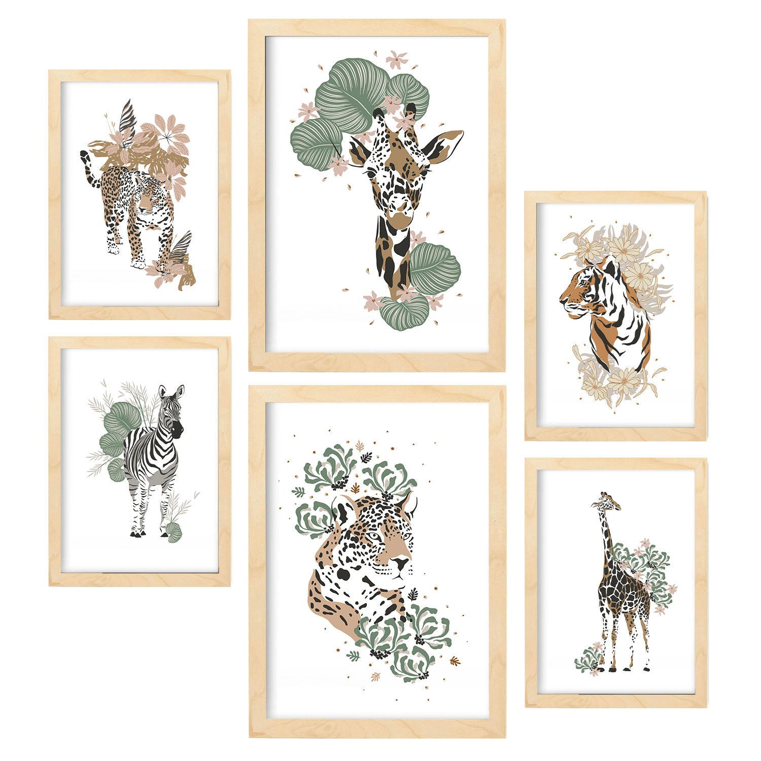 POSTER Set Mit 6 Wilde Tiere Weißer Hintergrund Mit Tiermotiven Im Pastell Muster Stil Innenarchitektur A3 & A4 Rahmen Aus Hellem Holz - Beige, Papier (29/3cm) - Nacnic